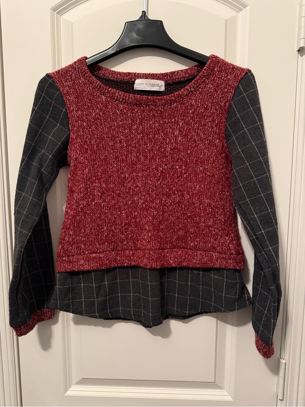 Mixed-Media Red & Charcoal Women's Sweater